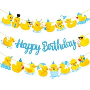 Duck Happy Birthday Banners 3Pcs Duck Birthday Decorations Blue Glitter Rubber Duck Birthday Party Banners Duck Birthday Party Supplies for Rubber Duck Decorations