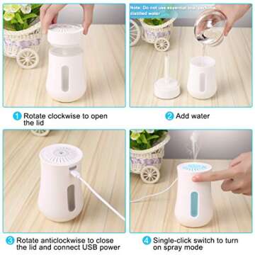 HIETON Mini USB Desk Humidifier, 7 Colors Night Light, Auto Timing, Quiet Operation, 200ml Portable Personal Cool Mist Small Humidifiers for Car Office Travel Babies Bedroom (White)