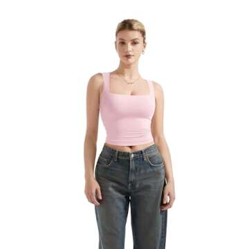SUUKSESS Women Sexy Square Neck Going Out Crop Sleeveless Tank Top Double Lined Fitted Going Out Trendy Cute Basic Y2k Tops Summer(Pink,M)