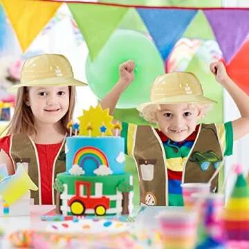 Geyoga 24 Pcs Kids Safari Costume Jungle Birthday Party Decorations Include 8 Plastic Safari Hats 8 Jungle Vest 8 Tote Bags Girls Boys Wild Explorer Costume Outdoor Activity Birthday Halloween Outfit
