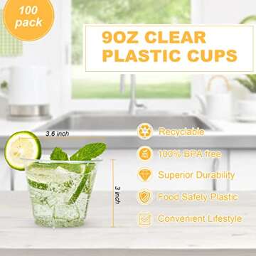 TashiBox 9 oz Disposable Plastic Cups, 100 Count, Crystal Clear