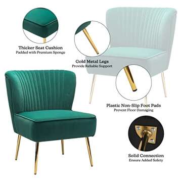 TINA'S HOME Monica Velvet Accent Chair Set of 2, Mid Century Side Chair Comfy Upholstered Living Room Chair with Golden Legs Wingback, Armless Slipper Chair for Bedroom Guest Room- Emerald Green