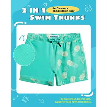 maamgic Boys Swim Trunks with Compression Liner Toddler Stretch Swim Shorts Quick Dry Swimming Trunks Boxer Brief 2 in 1 Beach Shorts Green Pineapple 5/6