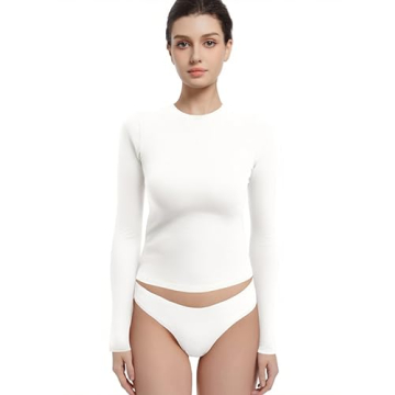 Abonlen Women's Long Sleeve Crewneck Tee - Trendy Y2K Top, Cream White