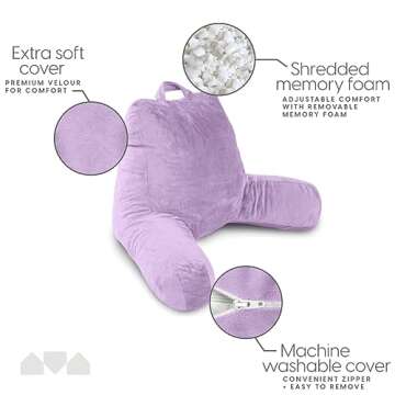Milliard Reading Pillow with Shredded Memory Foam, Large Adult Backrest with Arms, Back Support for Sitting Up in Bed with Washable Cover (Sit up Pillow) (Lavender)