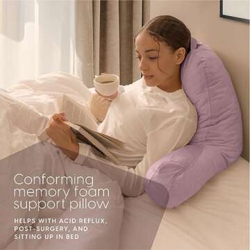 Milliard Reading Pillow with Shredded Memory Foam, Large Adult Backrest with Arms, Back Support for Sitting Up in Bed with Washable Cover (Sit up Pillow) (Lavender)