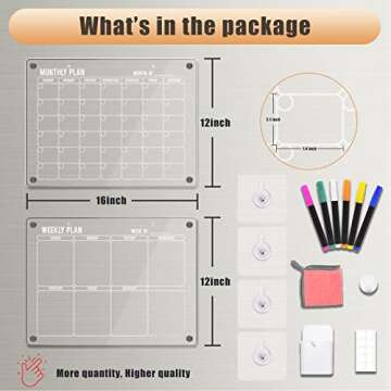 Homyaco Acrylic Calendar for Fridge, 2 Pack 16'' x 12'' Clear Magnetic Calendar for Refrigerator, Monthly and Weekly Dry Erase Board, Adhesive Calendar for Wall, Family Planner, 2024 Fridge Calendar