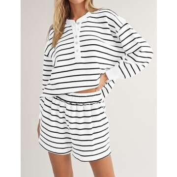 Burtell Women Striped 2 Piece Lounge Sets Casual Button Long Sleeve Sweatshirt Shorts Pajama Sets Lo...