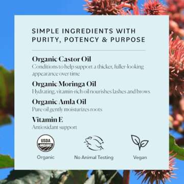 Sky Organics - Organic Lash & Brow Oil & Applicator - Eyelash Serum - Castor Oil Organic - Moringa, Amla, Vitamin E - Lashes, Eyebrows - Hair Oil - Self Care, Beauty - Gifts for Women - .4 fl oz, 12mL