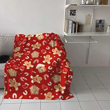 Christmas Blanket Gingerbread Man Snowflake Super Soft Breathable Flannel Throw Blankets Candy Cane Glove Warm Cozy Bed Throws 40" x 50"