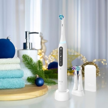 Oral-B iO Deep Clean + Whiten Rechargeable Electric Toothbrush with Visible Pressure Sensor, 2 Minute Timer, 5 Cleaning Settings, 1 iO5 Limited, 3 Toothbrush Heads, Travel Case & Refill Holder, White