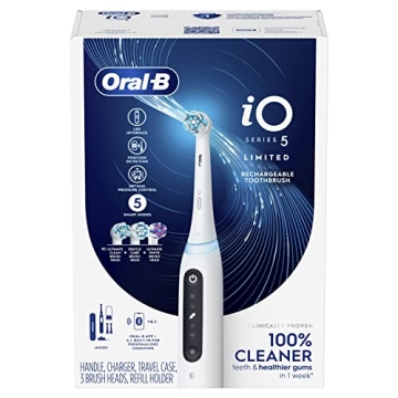 Oral-B iO Deep Clean + Whiten Rechargeable Electric Toothbrush with Visible Pressure Sensor, 2 Minute Timer, 5 Cleaning Settings, 1 iO5 Limited, 3 Toothbrush Heads, Travel Case & Refill Holder, White