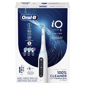 Oral-B iO Deep Clean + Whiten Rechargeable Electric Toothbrush with Visible Pressure Sensor, 2 Minute Timer, 5 Cleaning Settings, 1 iO5 Limited, 3 Toothbrush Heads, Travel Case & Refill Holder, White