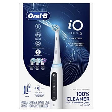 Oral-B iO Deep Clean + Whiten Rechargeable Electric Toothbrush with Visible Pressure Sensor, 2 Minute Timer, 5 Cleaning Settings, 1 iO5 Limited, 3 Toothbrush Heads, Travel Case & Refill Holder, White