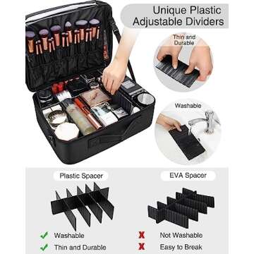 Relavel Extra Large Makeup Case with Plastic Dividers Washable and Easy to Clean, Travel Makeup Trai...