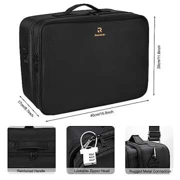 Relavel Extra Large Makeup Case with Plastic Dividers Washable and Easy to Clean, Travel Makeup Train Case Professional Makeup Artist Bag Portable Nail Organizer Box Art Supply Case (Black)