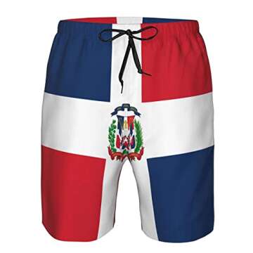 Dominican Men's Beach Shorts Quick Dry Drawstring Running Athletic Shorts Comfortable Loose Gym Shorts Swimsuit Pants with Pockets for Summer Medium White