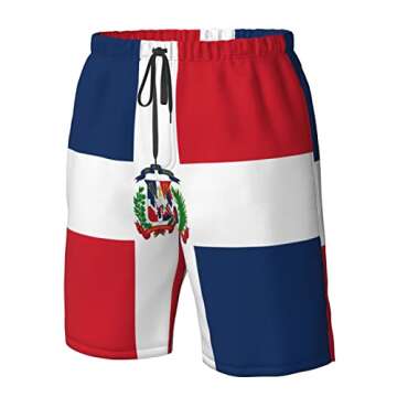 Dominican Men's Beach Shorts Quick Dry Drawstring Running Athletic Shorts Comfortable Loose Gym Shorts Swimsuit Pants with Pockets for Summer Medium White