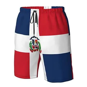 Dominican Men's Beach Shorts Quick Dry Drawstring Running Athletic Shorts Comfortable Loose Gym Shorts Swimsuit Pants with Pockets for Summer Medium White