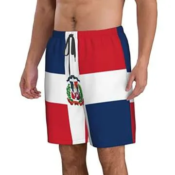 Dominican Men's Beach Shorts Quick Dry Drawstring Running Athletic Shorts Comfortable Loose Gym Shorts Swimsuit Pants with Pockets for Summer Medium White