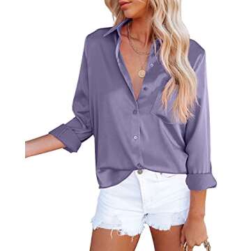 OMSJ Women's Button Down Shirts Satin V Neck Long Sleeve Casual Work Blouse Tops with Pocket (1173XX...