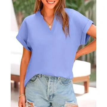 BTFBM Womens Summer Tops 2025 V Neck Short Sleeve Tshirt Loose Flowy Tunics Solid Color Dressy Casual Blouse Shirts(Solid Light Blue, Medium)