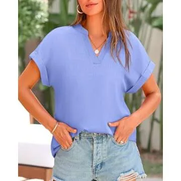 BTFBM Womens Summer Tops 2025 V Neck Short Sleeve Tshirt Loose Flowy Tunics Solid Color Dressy Casual Blouse Shirts(Solid Light Blue, Medium)