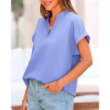 BTFBM Womens Summer Tops 2025 V Neck Short Sleeve Tshirt Loose Flowy Tunics Solid Color Dressy Casual Blouse Shirts(Solid Light Blue, Medium)