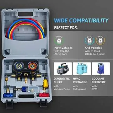 Orion Motor Tech R1234yf AC Gauge Set, 3 Way AC Gauges W Hoses R1234yf R134a Quick Couplers Self Sealing Can Tap for Freon Charging, AC Gauge Kit for R1234yf R134a R404a, 3 Valve Manifold Gauge Set