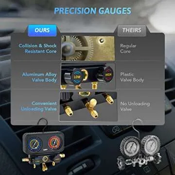 Orion Motor Tech R1234yf AC Gauge Set, 3 Way AC Gauges W Hoses R1234yf R134a Quick Couplers Self Sealing Can Tap for Freon Charging, AC Gauge Kit for R1234yf R134a R404a, 3 Valve Manifold Gauge Set