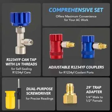 Orion Motor Tech R1234yf AC Gauge Set, 3 Way AC Gauges W Hoses R1234yf R134a Quick Couplers Self Sealing Can Tap for Freon Charging, AC Gauge Kit for R1234yf R134a R404a, 3 Valve Manifold Gauge Set