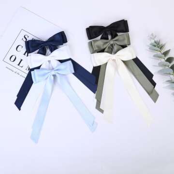 Satin Bow Hair Clips for Women, Silkly Satin Black Beige Hair Ribbon Bow with Long Tail Hair Accesso...