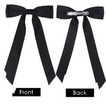Satin Bow Hair Clips for Women, Silkly Satin Black Beige Hair Ribbon Bow with Long Tail Hair Accessories for Girls (Black Beige)