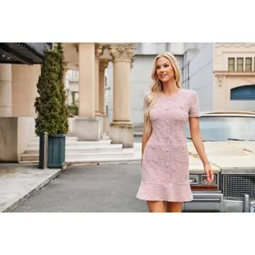 GRACE KARIN Elegant Dresses for Women Fall Tweed Short Sleeve Bodycon Mini Dresses Casual Work Party Dress with Pocket Gray Pink 8