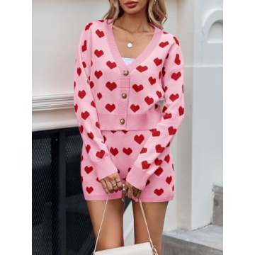 Chic Heart Knit Sweater Set for Women's Valentine's Day