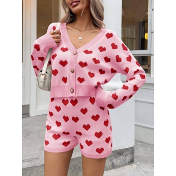 Chic Heart Knit Sweater Set for Women's Valentine's Day