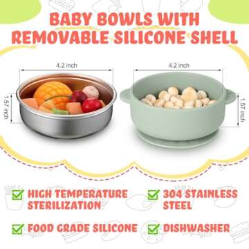 Nuogo 6 Pcs 304 Stainless Steel Baby Bowls with Removable Silicone Shell Toddler Bowls Kids Anti Scald Snack Container for Food Feeding, Dishwasher Safe(Mixed Series Color,Suction-a)