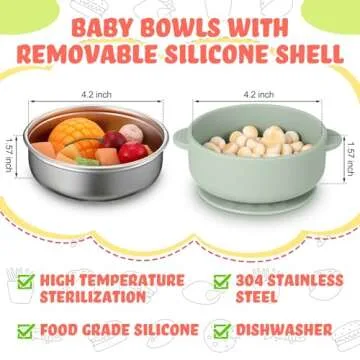 Nuogo 6 Pcs 304 Stainless Steel Baby Bowls with Removable Silicone Shell Toddler Bowls Kids Anti Scald Snack Container for Food Feeding, Dishwasher Safe(Mixed Series Color,Suction-a)