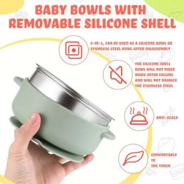 Nuogo 6 Pcs 304 Stainless Steel Baby Bowls with Removable Silicone Shell Toddler Bowls Kids Anti Scald Snack Container for Food Feeding, Dishwasher Safe(Mixed Series Color,Suction-a)