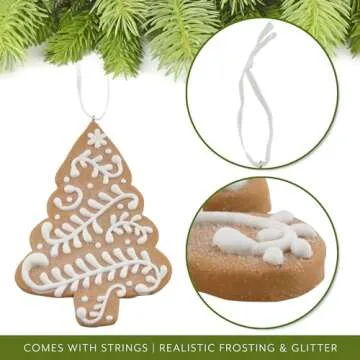 AuldHome Design Gingerbread Cookie Christmas Ornaments (Set of 12); Large Tree, Snowflake and Finial Shaped Holiday Cookie Decorations, 4-5 Inch Size