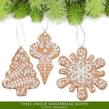 AuldHome Design Gingerbread Cookie Christmas Ornaments (Set of 12); Large Tree, Snowflake and Finial Shaped Holiday Cookie Decorations, 4-5 Inch Size