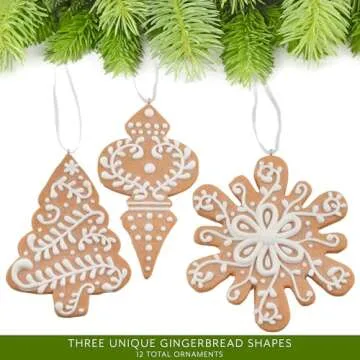 AuldHome Design Gingerbread Cookie Christmas Ornaments (Set of 12); Large Tree, Snowflake and Finial Shaped Holiday Cookie Decorations, 4-5 Inch Size