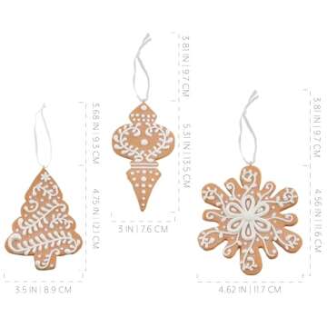 AuldHome Design Gingerbread Cookie Christmas Ornaments (Set of 12); Large Tree, Snowflake and Finial Shaped Holiday Cookie Decorations, 4-5 Inch Size