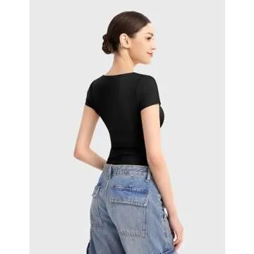 PUMIEY Summer Tops for Women Trendy Short Sleeve Sweetheart Neck Sexy Shirts Going Out Top for Teen Girls Basic Tees,Jet Black Large