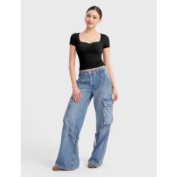 PUMIEY Summer Tops for Women Trendy Short Sleeve Sweetheart Neck Sexy Shirts Going Out Top for Teen Girls Basic Tees,Jet Black Large