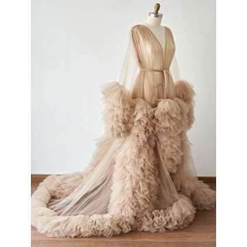 Michealboy Ladies Dressing Gown Perspective Sheer Long Robe Puffy Tulle ,Skin,X-Small