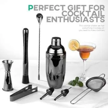 Homestia Black Cocktail Shaker Set, 8 PCS Bartender Kit with All Essential Accessory Tools, 20oz Martini Shaker, Bar Jigger, Mixer Spoon, Fine Mesh Strainer, Muddler, Ice Tong and Bottle Pourers