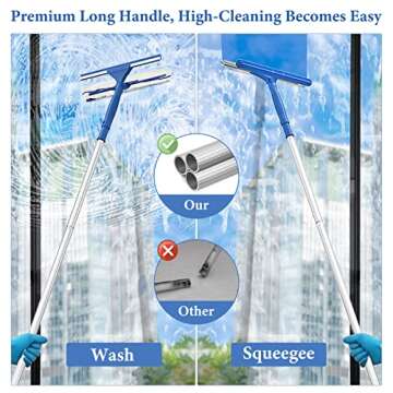 VOUBIEN 2 in 1 Window Cleaner Kit - Long Handle & Microfiber Scrubber for Glass, Car, Home Floor
