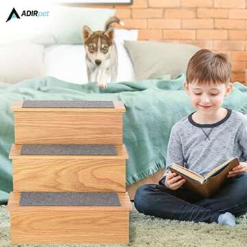 AdirPets Deluxe 3-Step Pet Stairs with Non-Slip Surface and Carpeted Treads - Sleek Pet Steps for Sm...