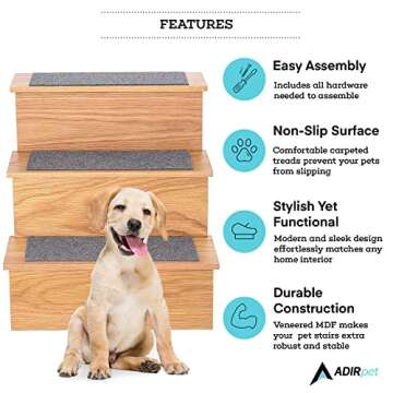 AdirPets Deluxe 3-Step Pet Stairs with Non-Slip Surface and Carpeted Treads - Sleek Pet Steps for Small Dogs, Cats, Elderly or Disabled Pets - Supports Up to 175lbs Weight - Medium Oak